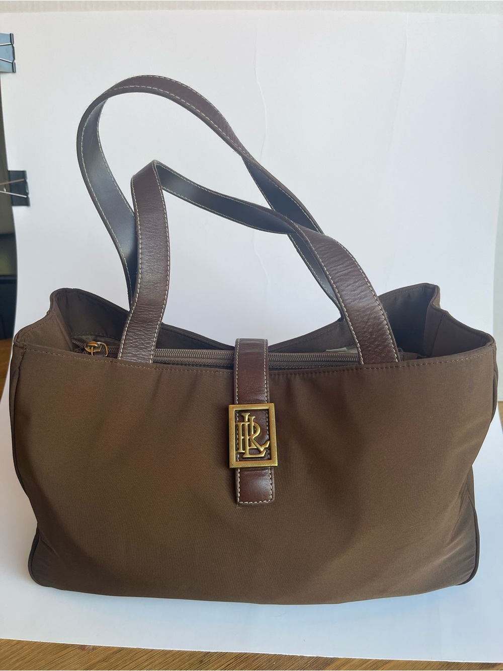 Ralph Lauren Brown Nylon Bag Leather Trim Casual Shoulder Purse As Is